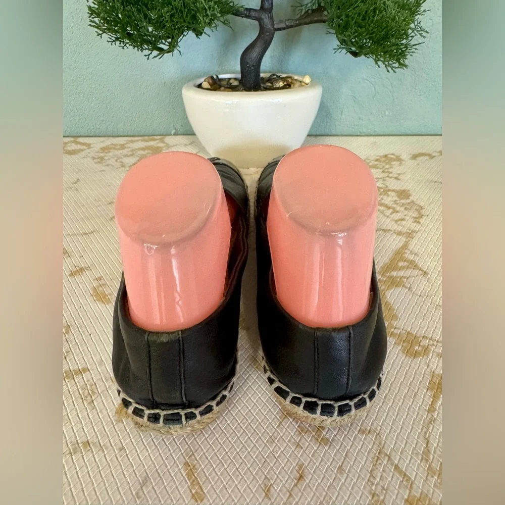 Tory Burch Black Leather Espadrilles with Natural Jute Sole